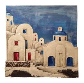 Painting of the Blue Dome Church in Oia Santorini featuring white Cycladic buildings, blue dome and traditional Greek island architecture under a deep blue sky.