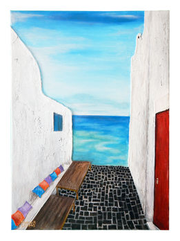 Textured painting of a narrow white Mykonos alleyway overlooking the blue Aegean Sea. Features thick volcanic stone texture on white walls, a bright red door, dark cobblestones, and colorful cushions.