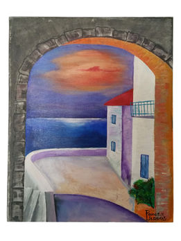 Textured mixed media painting of a sunlit white alleyway in Paros, Greece. Features thick volcanic mineral texture on whitewashed walls, a traditional blue-domed church in the distance, and a calm Aegean horizon under a clear sky.