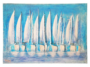 Textured 3D painting of several white sailboats on a bright blue sea in Santorini, Greece. The artwork features thick volcanic texture on the sails and water, with horizontal blue and white brushstrokes.