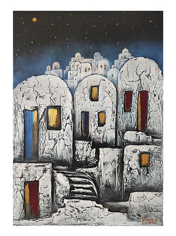 Textured painting of Cycladic white houses under a starry night sky, featuring glowing windows and volcanic surface textures.