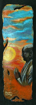 Spiritual mixed media painting titled Path to Enlightenment featuring a praying figure, volcanic textures, warm sunset tones, and symbolic golden light.