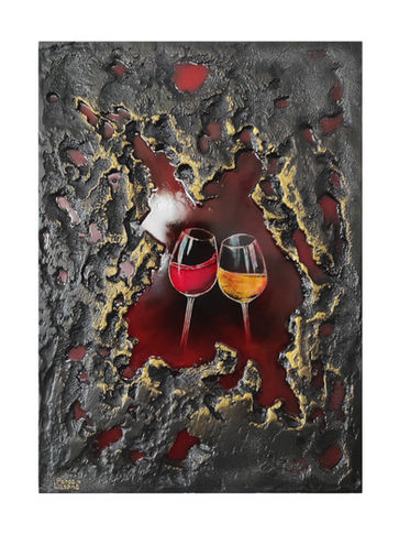 Textured painting featuring two wine glasses — one with red wine, one with white — surrounded by molten black and gold patterns with fiery red accents.