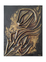 Abstract 3D mixed media painting titled 'Life METAMORPHOSIS' featuring heavy ridges of volcanic earth. The artwork uses dark browns, blacks, and metallic bronze highlights to create a sculptural, lava-like texture on canvas.