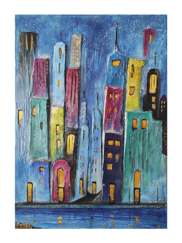Textured mixed media painting of a New York skyline with abstract high-rise buildings and glowing gold windows in cool blues and purples.