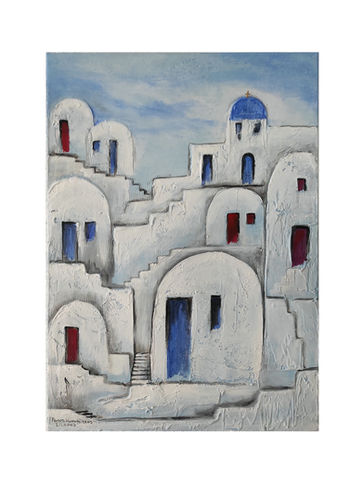 Textured mixed media painting of Santorini houses with blue doors and dome, inspired by Cycladic architecture.