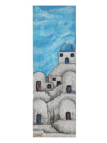 Textured painting of traditional white Cycladic buildings with blue and red doors, a blue-domed church and a bright sky in a Mediterranean island setting.