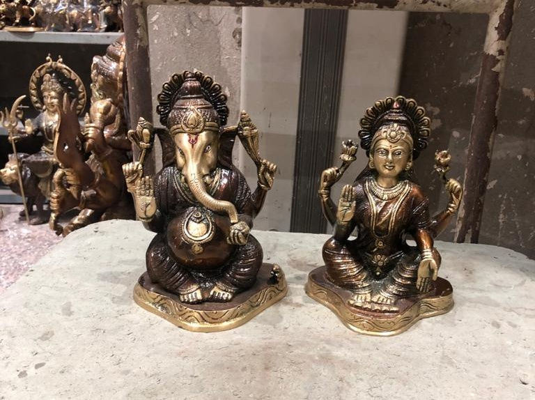 Brass Ganesha and Lakshmi ji idol