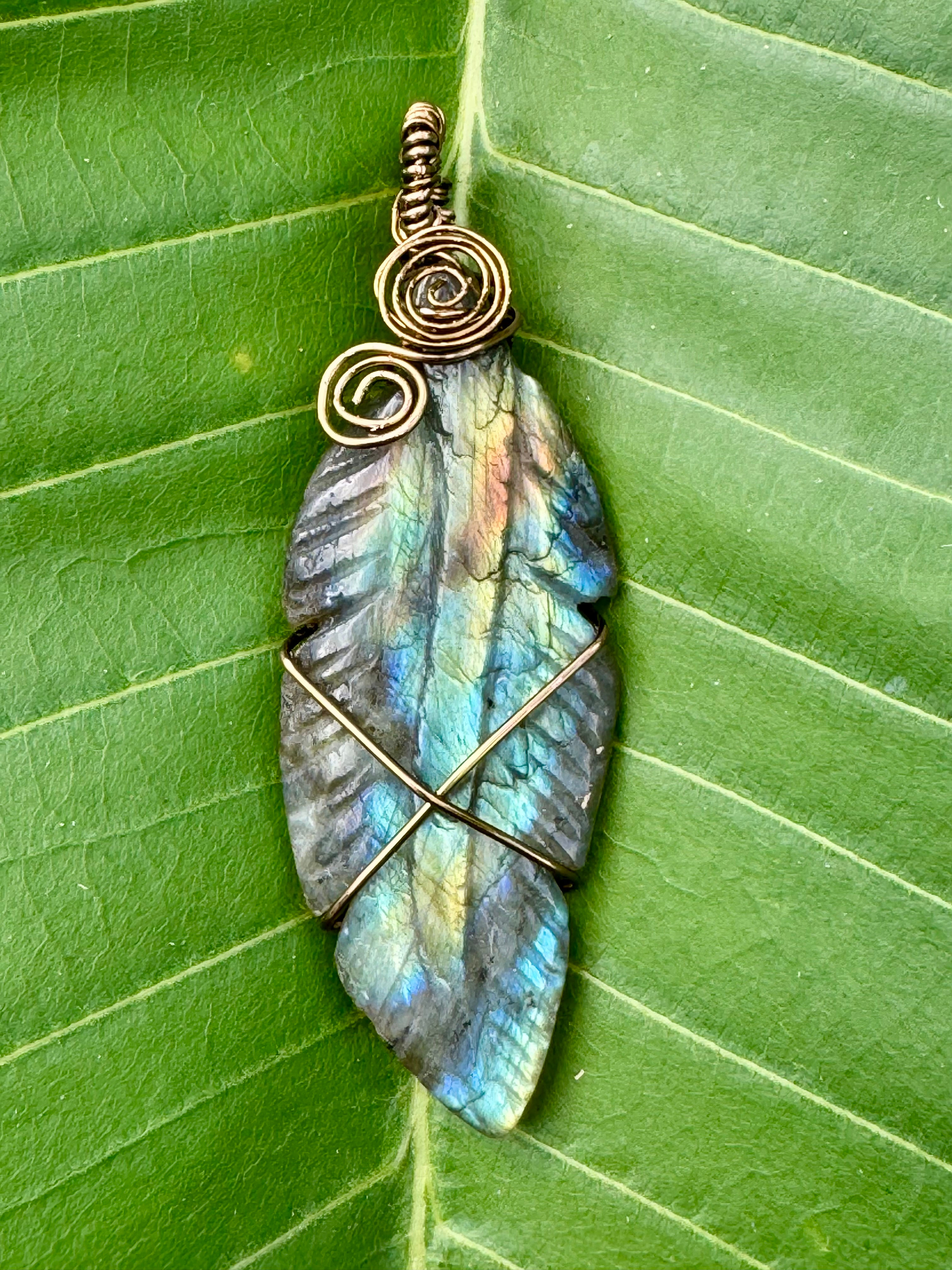 Labradorite Carved Leaf wrapped in antique brass wire
