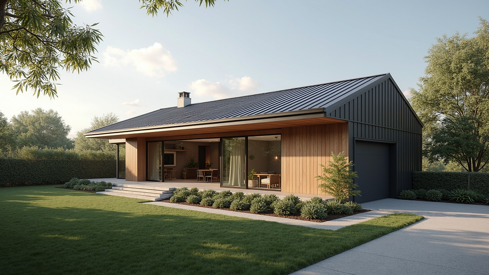 Eye-level view of a modern home with a sleek standing seam metal roof
