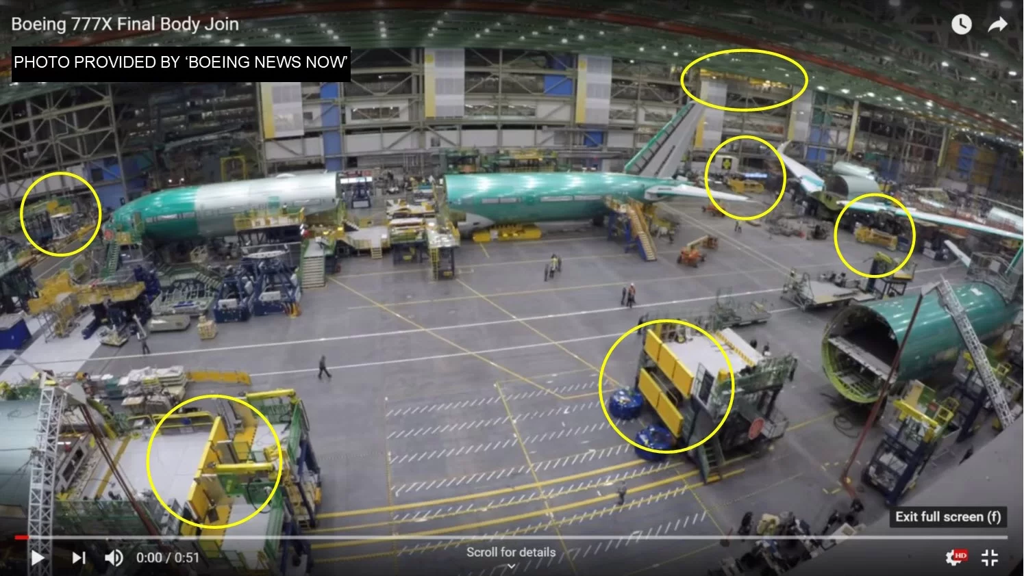 Boeing 777 in hanger with various XRail safety equipment installed