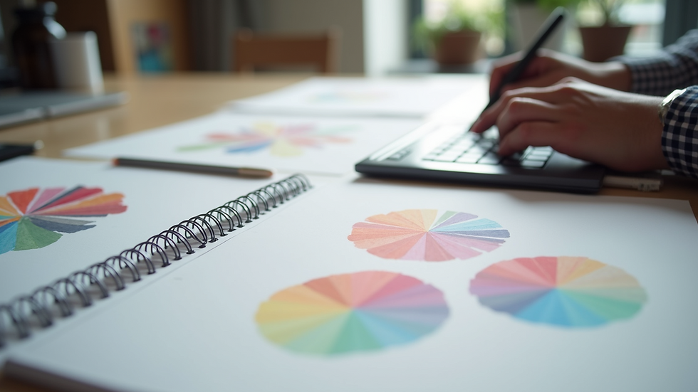 Close-up view of a designer’s desk with logo sketches and color palettes