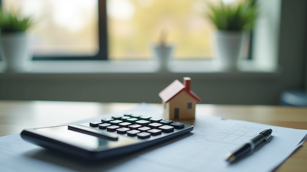 Close-up view of a calculator and house model on a desk
