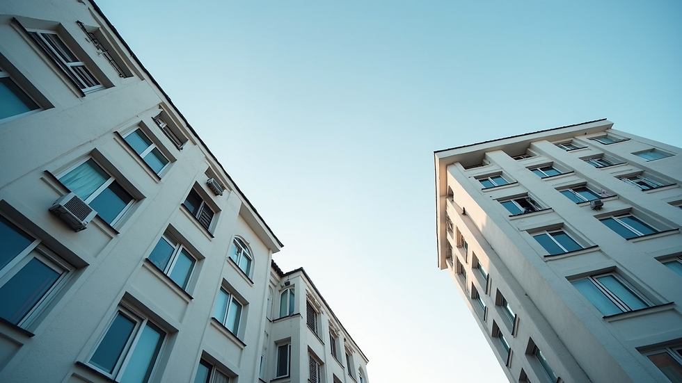 Eye-level view of a residential building with a clear sky