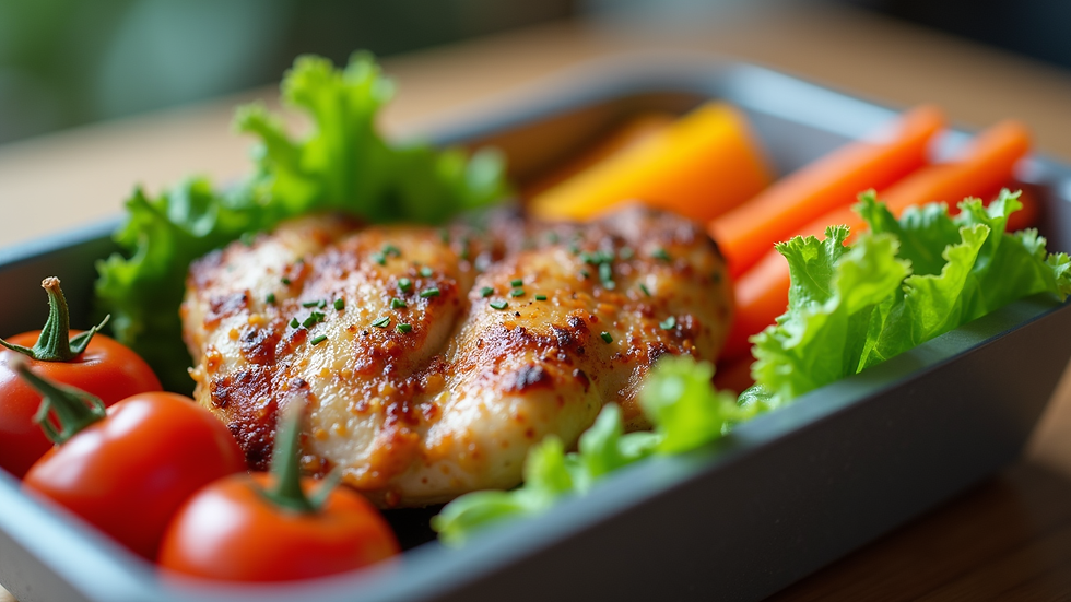 Close-up view of a healthy office lunch box with fresh vegetables and grilled chicken