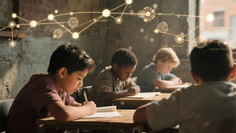 Diverse Students at School with data nodes superimposed