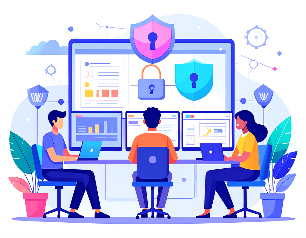 Main Graphic , diverse professionals sitting at laptops and large digit