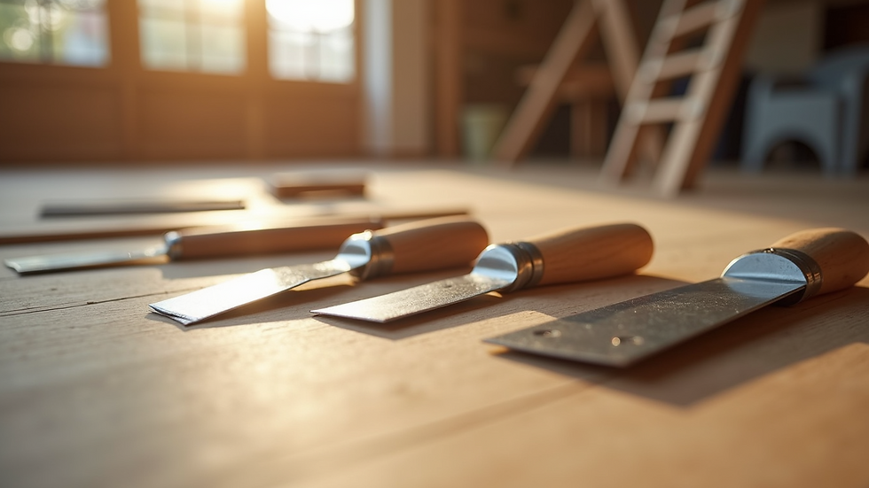 Close-up view of wood flooring tools laid out for installation