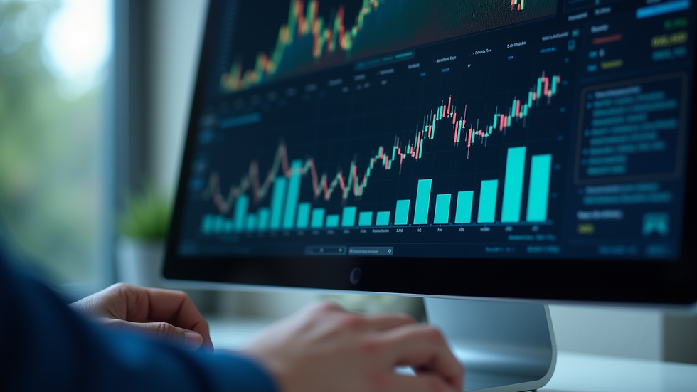 Close-up view of a financial dashboard on a computer screen showing charts and graphs