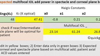 Effective near add power for multifocal IOL based on patient axial length, Keratometry.