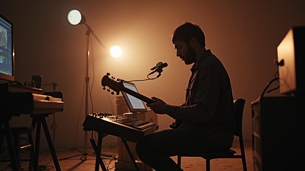 Vista de un estudio de grabación con un músico trabajando en su música