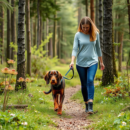 outdoors woman with her wirehaired vizsla walking through a forest.jpg