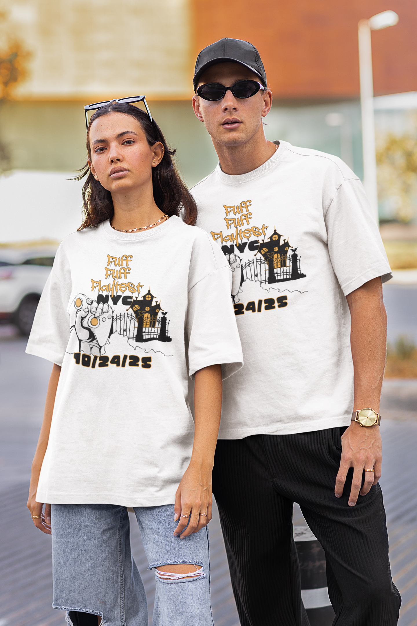 stylish couple wearing puff puff playtest spooky halloween gamer tee