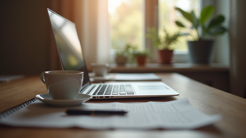 Eye-level view of a cozy home office setup with a laptop and a cup of coffee