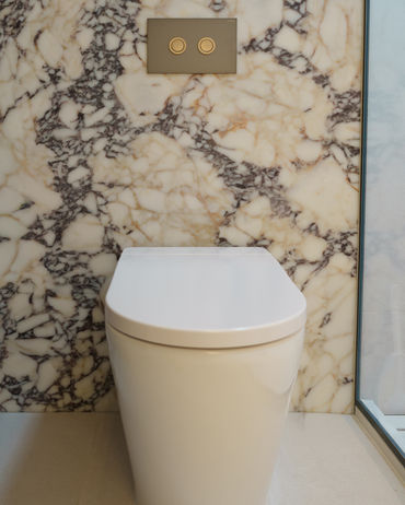 In-wall cistern and toilet in one of the finished bathrooms.