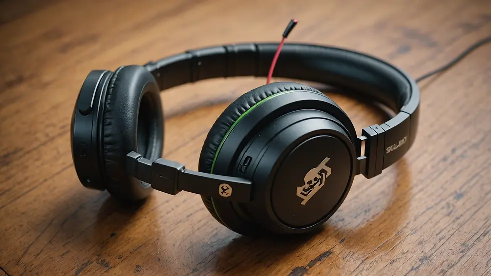 Close-up view of a Skullcandy headphone resting on a textured surface