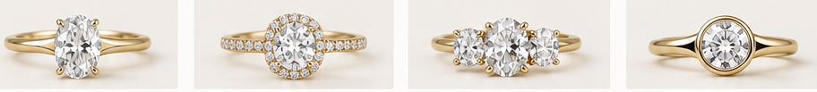 Alt text: Examples of low-profile engagement ring setting styles, including solitaire, halo, three-stone, and bezel designs shown from the side.