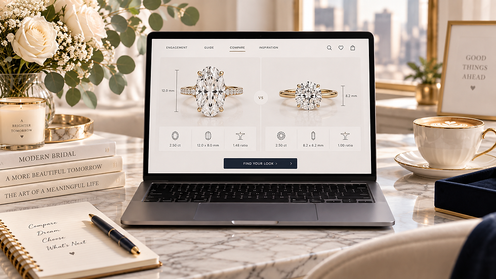 Laptop displaying a side-by-side comparison of two diamond engagement rings with carat weight, dimensions, and proportions on a marble desk.