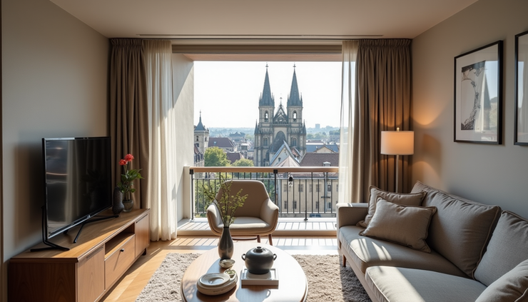 Vue en plongée d’un appartement moderne à Chartres avec vue sur la cathédrale