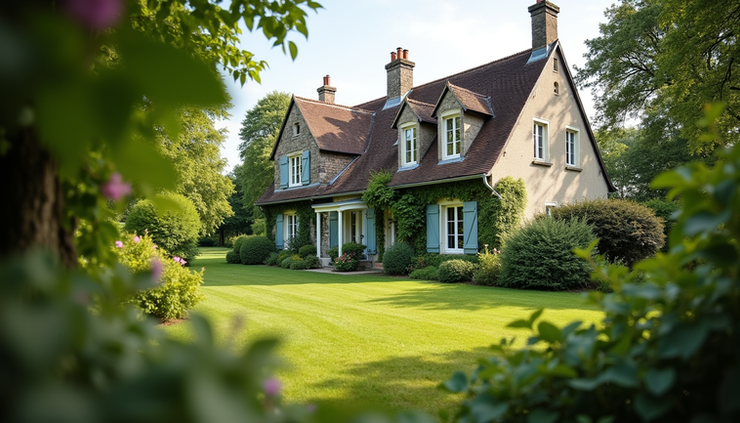 Vue en perspective d'une maison avec jardin bien entretenu dans l'agglomération de Chartres