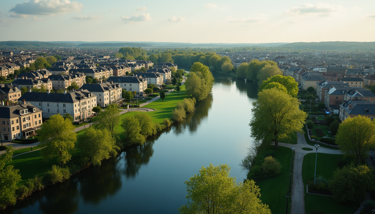 Vue en hauteur du quartier des Bords de l’Eure avec la rivière et les espaces verts