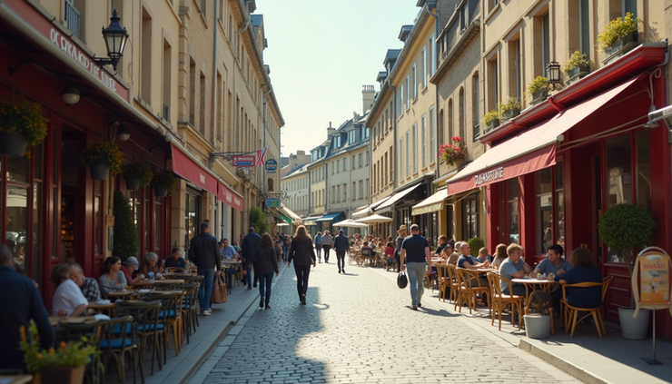Vue en plongée d’une rue commerçante de Chartres avec vitrines et terrasses