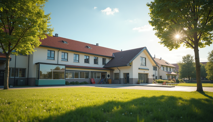 Façade d’une école primaire à Chartres avec une cour de récréation ensoleillée