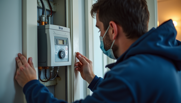 Vue rapprochée d’un technicien réalisant un diagnostic énergétique dans un appartement à Chartres