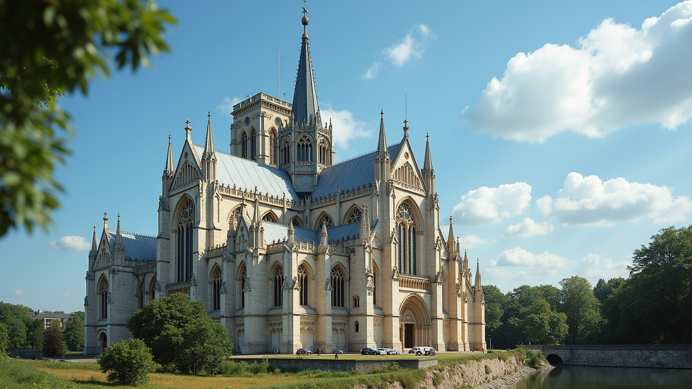 Wide angle view of Chartres Cathedral with blue sky