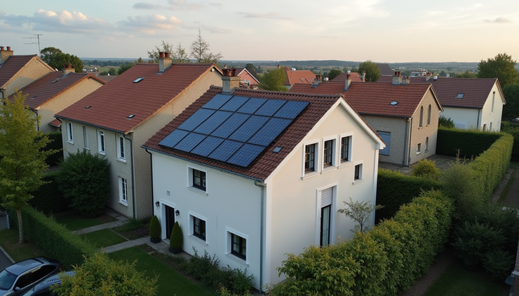 Vue en plongée d’un immeuble résidentiel à Chartres avec un panneau solaire sur le toit