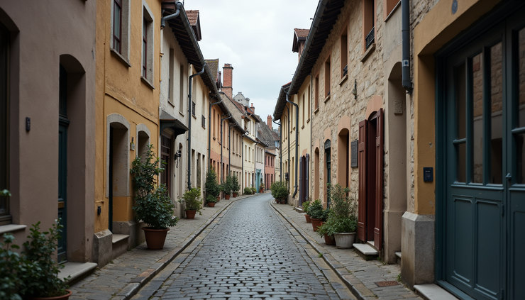 Vue en plongée d’une rue pavée typique de Chartres avec des bâtiments anciens