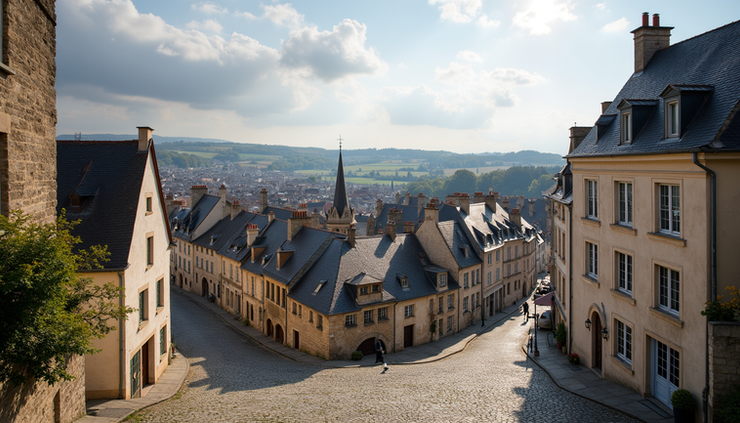 Vue panoramique du centre-ville de Chartres avec ses rues pavées et maisons traditionnelles