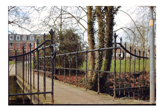 Analog photo of an old iron footbridge in Torckpark, Wageningen, with trees and brick houses in the background.