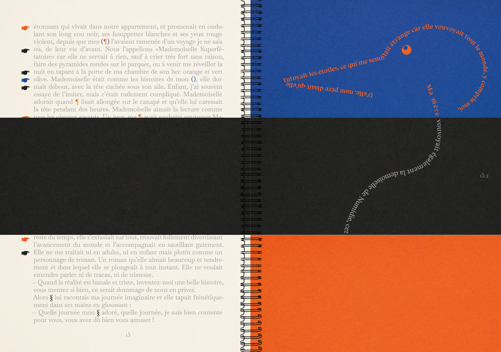 Exemple d'une double page avec les deux parties hautes et centrales tournées, laissant apparaitre une illustration.