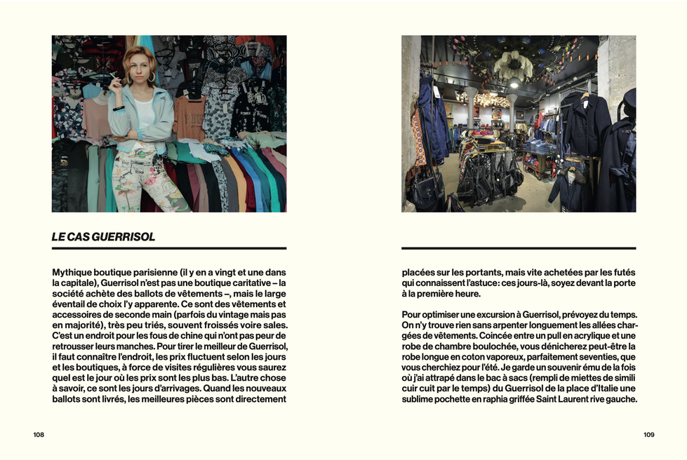 Double page intérieure du livre. Deux photographies d'une friperie ornent le haut de page.