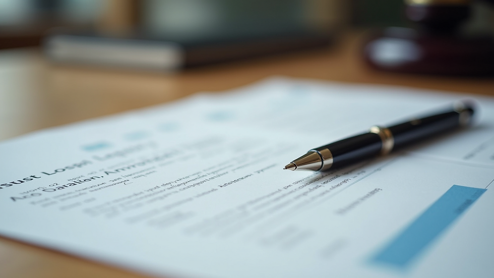 Close-up view of legal documents and a pen on a wooden desk