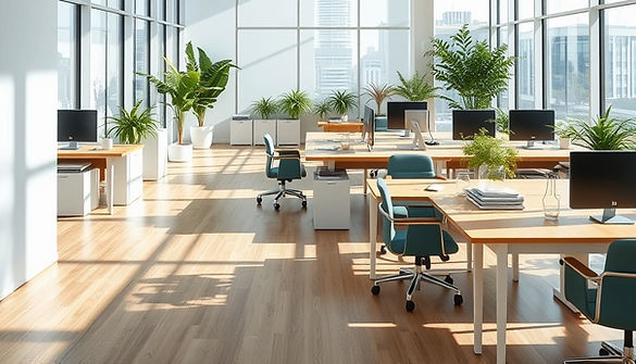 minimalist office with green chairs and plants