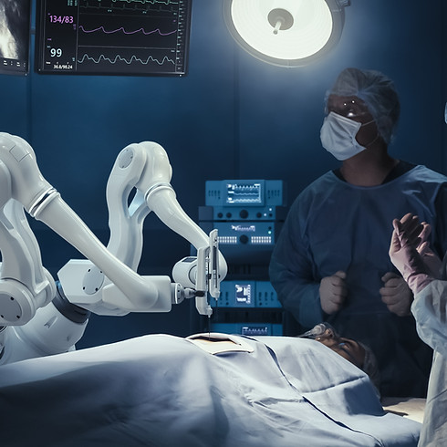 Two Surgeons Observing High-Precision Programmable Automated Robot Arms Operating Patient 