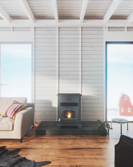 Modern wood stove in bright living room