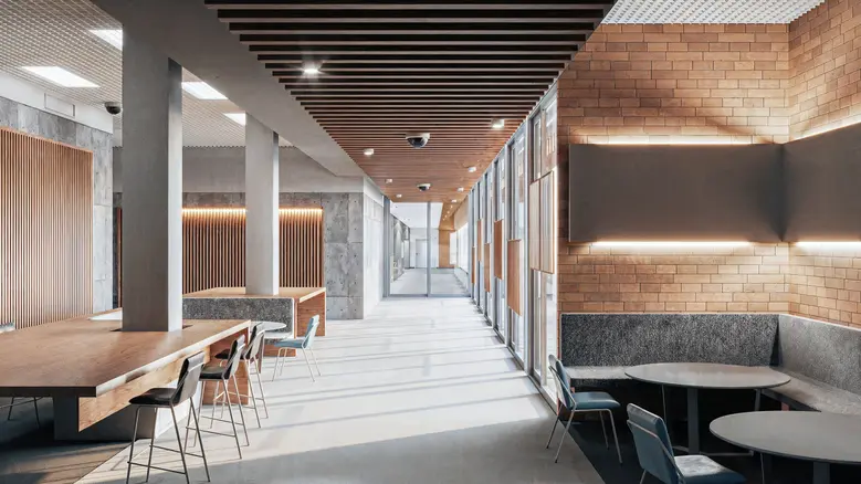 Modern office interior design with wood and stone elements